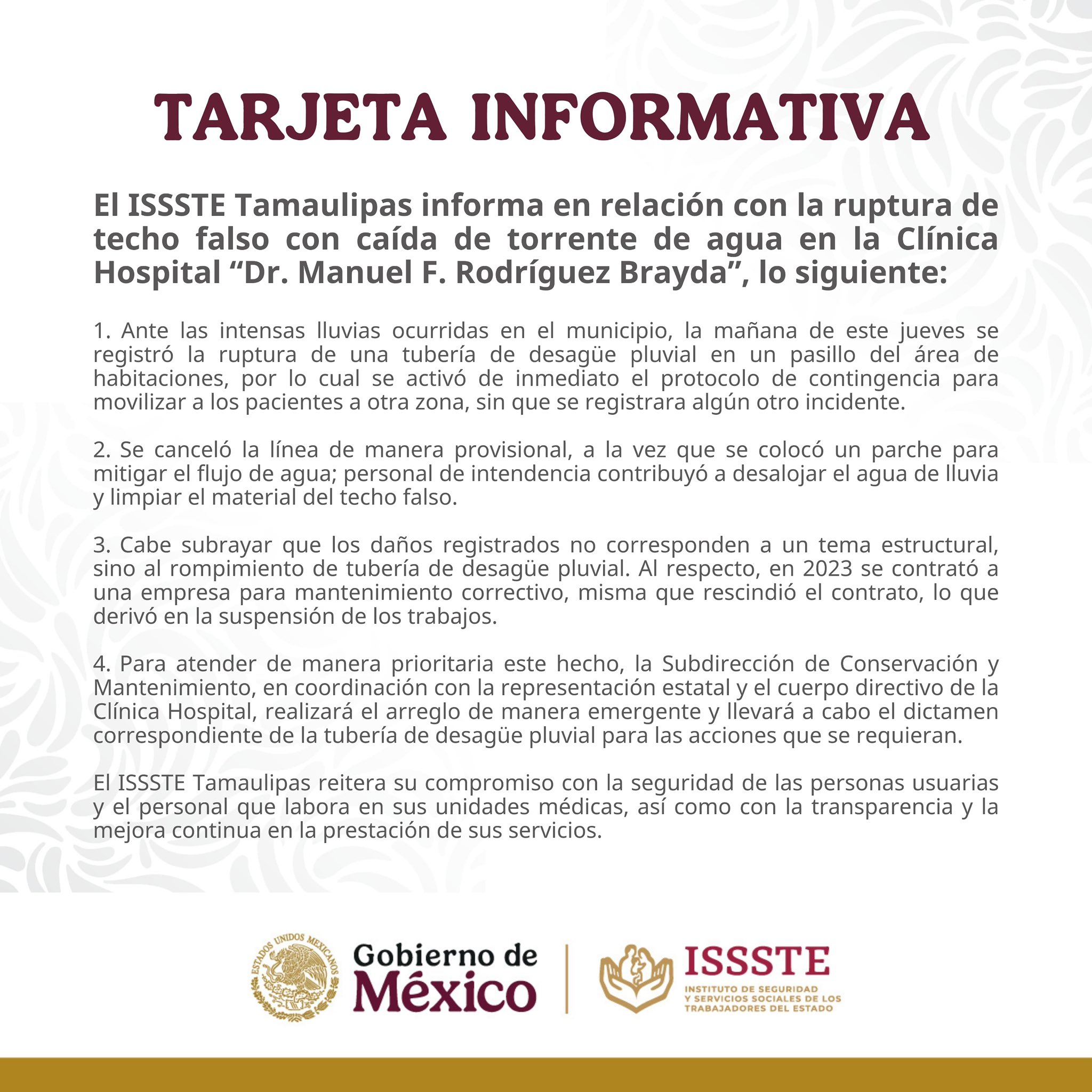 Hospital del ISSSTE en Matamoros sufre inundación tras fuertes lluvias
