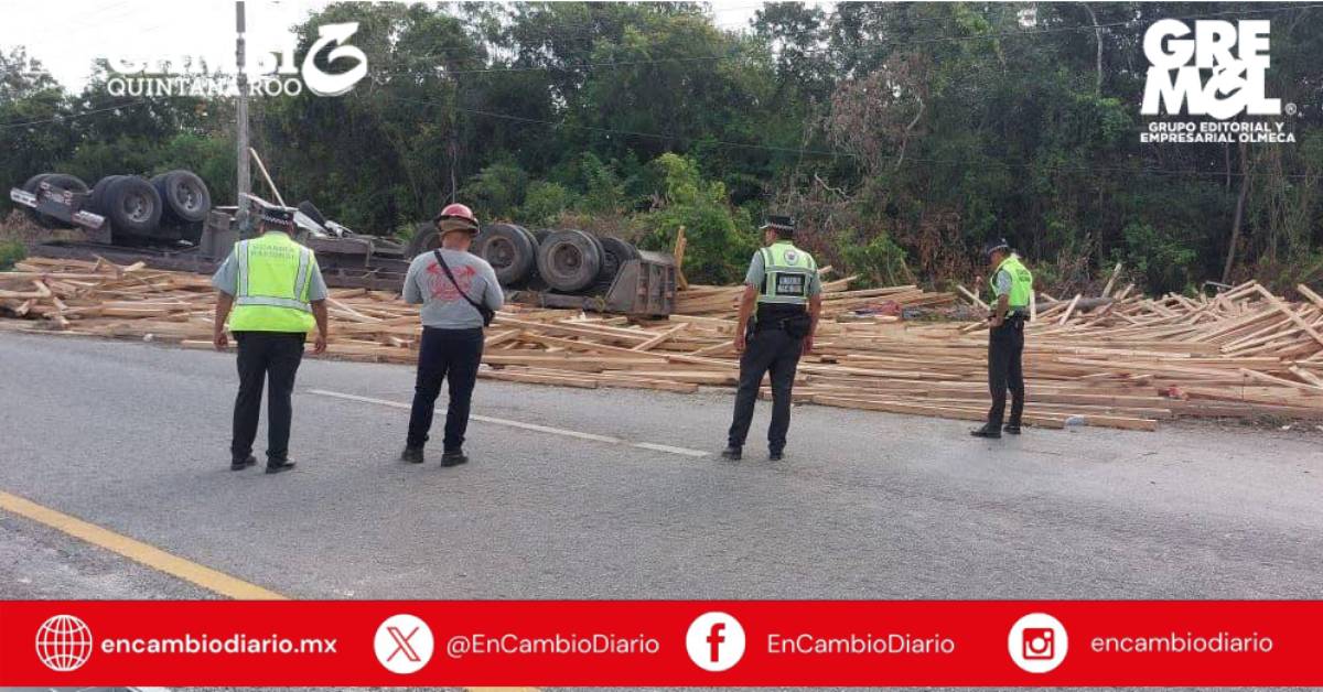 Tráiler con maderas de pino vuelca en la carretera Playa del Carmen-Tulum
