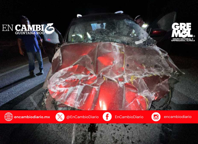 Aparatoso accidente en la Playa del Carmen-Tulum deja dos postes derribados y camioneta destruida