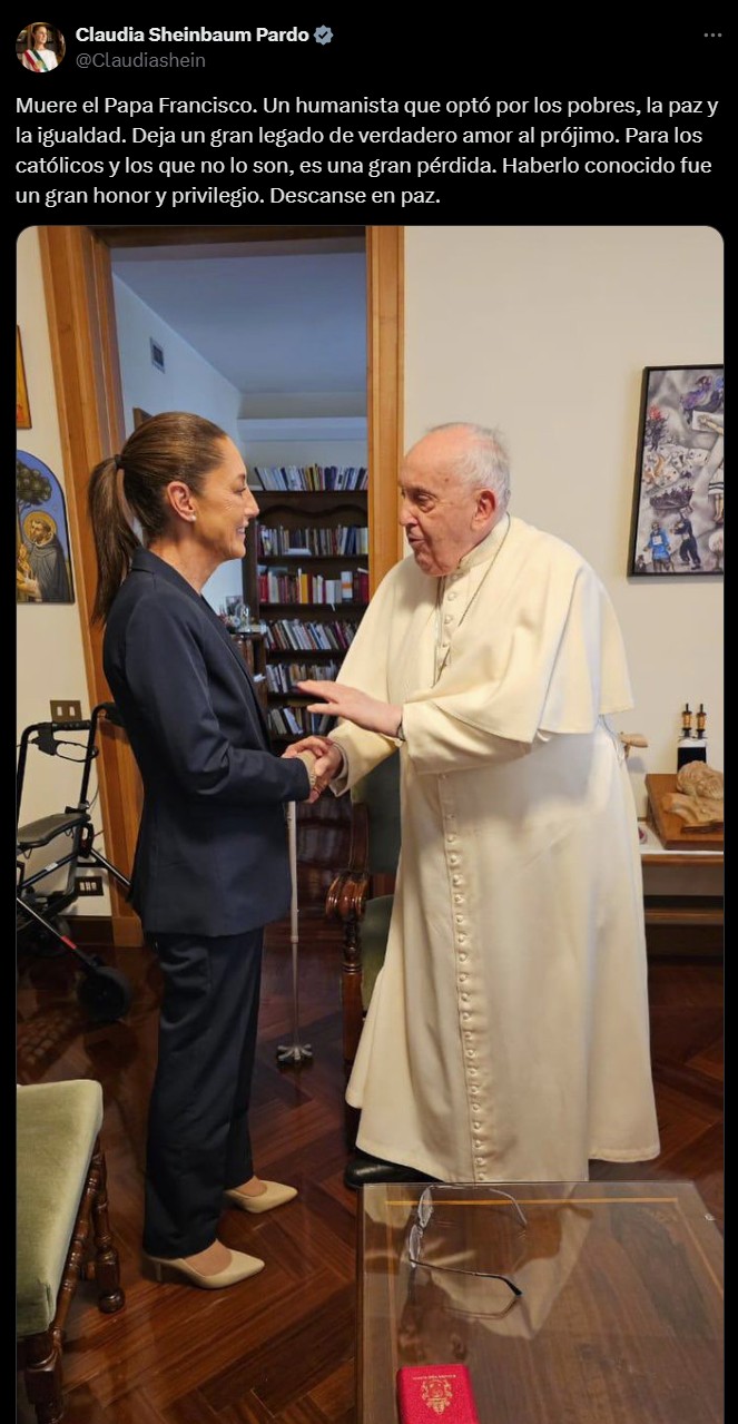 Claudia Sheinbaum lamenta el fallecimiento del Papa Francisco: "Un humanista que optó por los pobres"