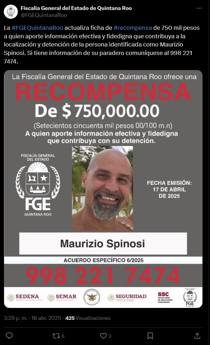 FGE aumenta recompensa a 750 mil pesos por información sobre Maurizio Spinosi