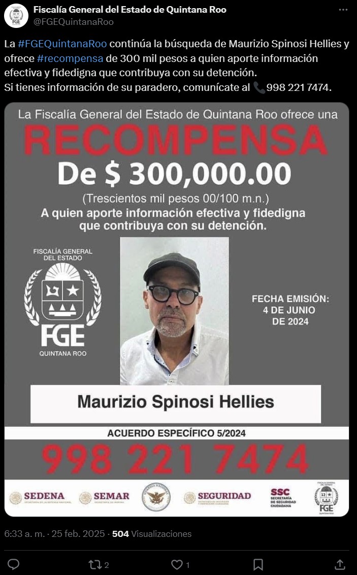 FGE aumenta recompensa a 750 mil pesos por información sobre Maurizio Spinosi