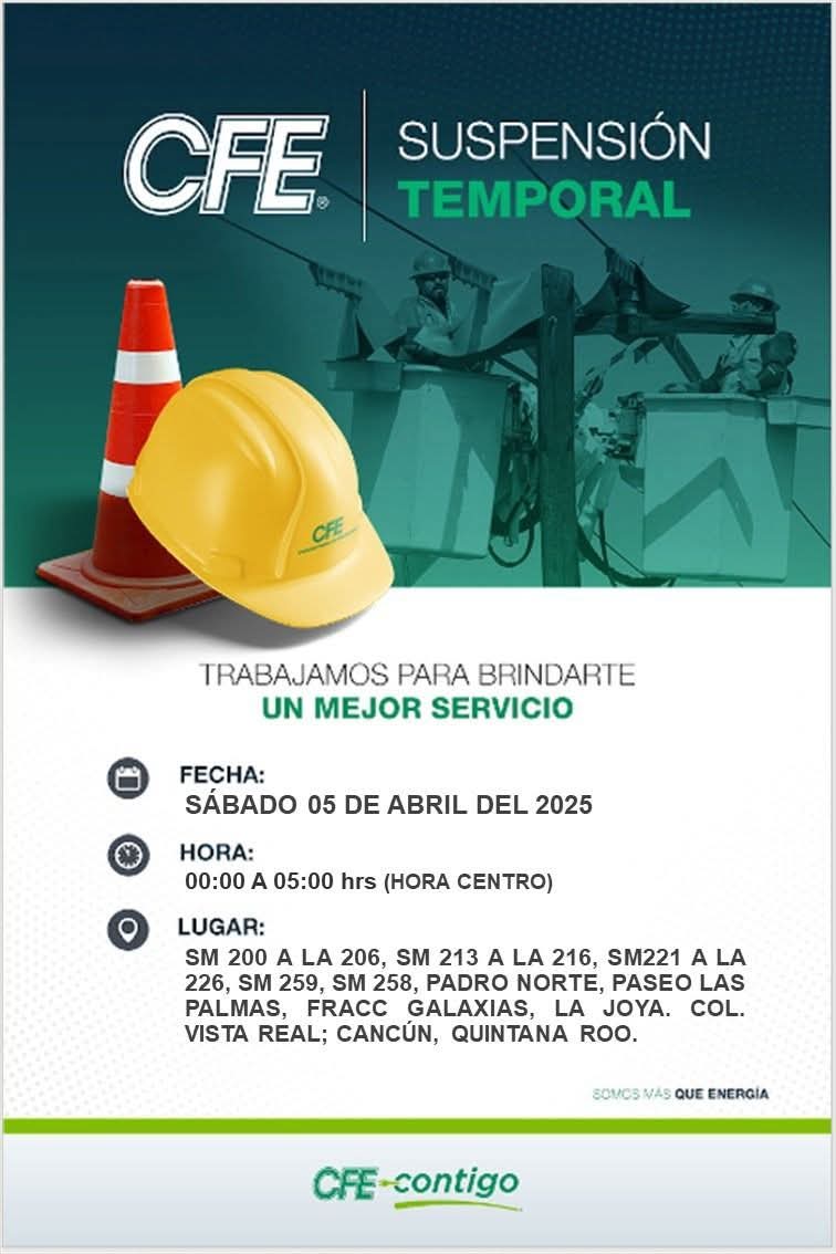 Suspensión de energía en Cancún este sábado por mantenimiento de la CFE