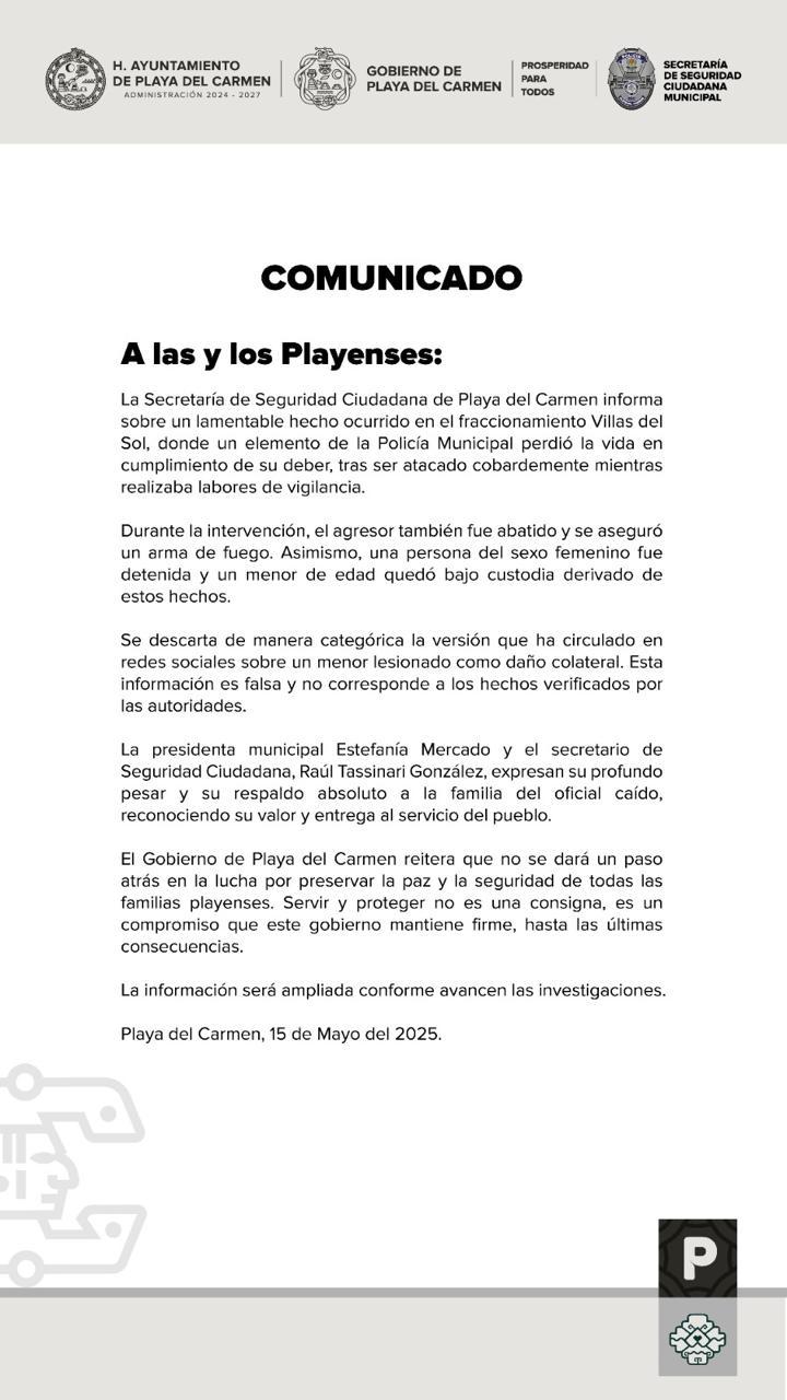 Enfrentamiento en Playa del Carmen deja un policía y un civil muertos tras reporte de violencia familiar