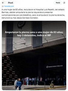 El hijo de la afectada, Jesús David Carriazo, difundió en redes sociales la grave negligencia médica