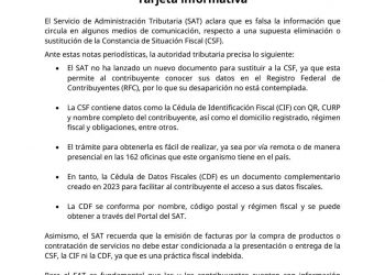 SAT aclara falsa información sobre eliminación de constancia fiscal