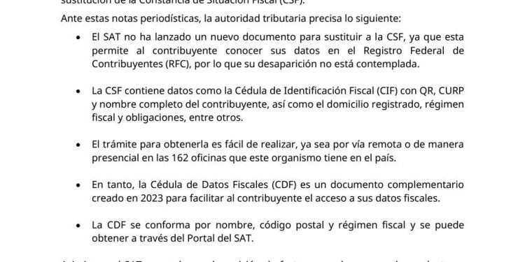 SAT aclara falsa información sobre eliminación de constancia fiscal