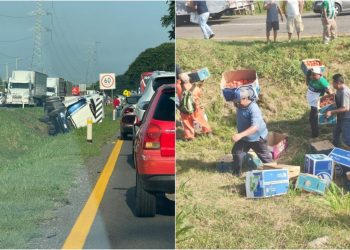 Volcadura de tráiler con frutas y verduras desata rapiña “organizada” en la carretera Villahermosa–Cárdenas