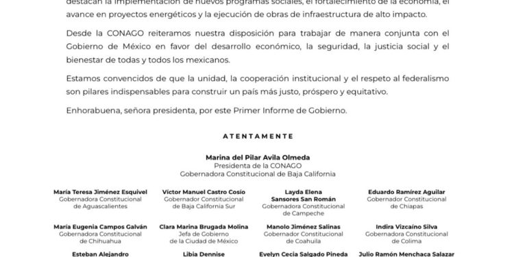 CONAGO reconoce esfuerzo de Sheinbaum en favor de los mexicanos; tras 1er Informe de la Presidenta de México