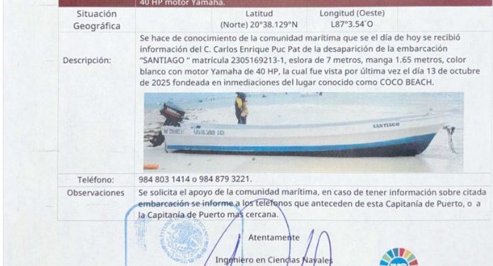 Buscan embarcación “Santiago” en Quintana Roo