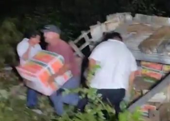 Volcadura de tráiler en Bacalar provoca rapiña de plátanos
