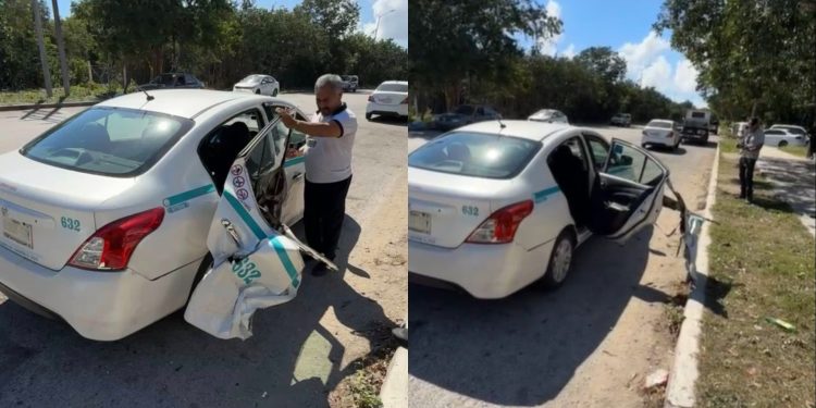 Un descuido al volante terminó en un taxi con la puerta destrozada en Playa del Carmen