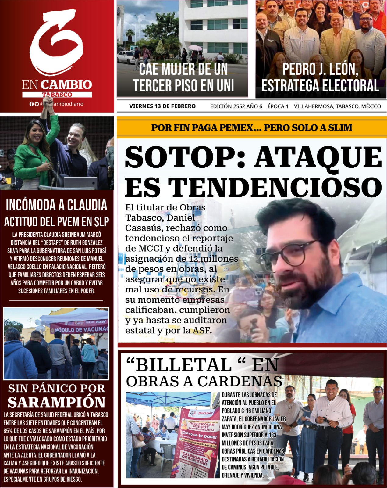Contra Portada En Cambio Diario de Tabasco 13 febrero 2026 Contra Portada En Cambio Diario de Tabasco 13 febrero 2026