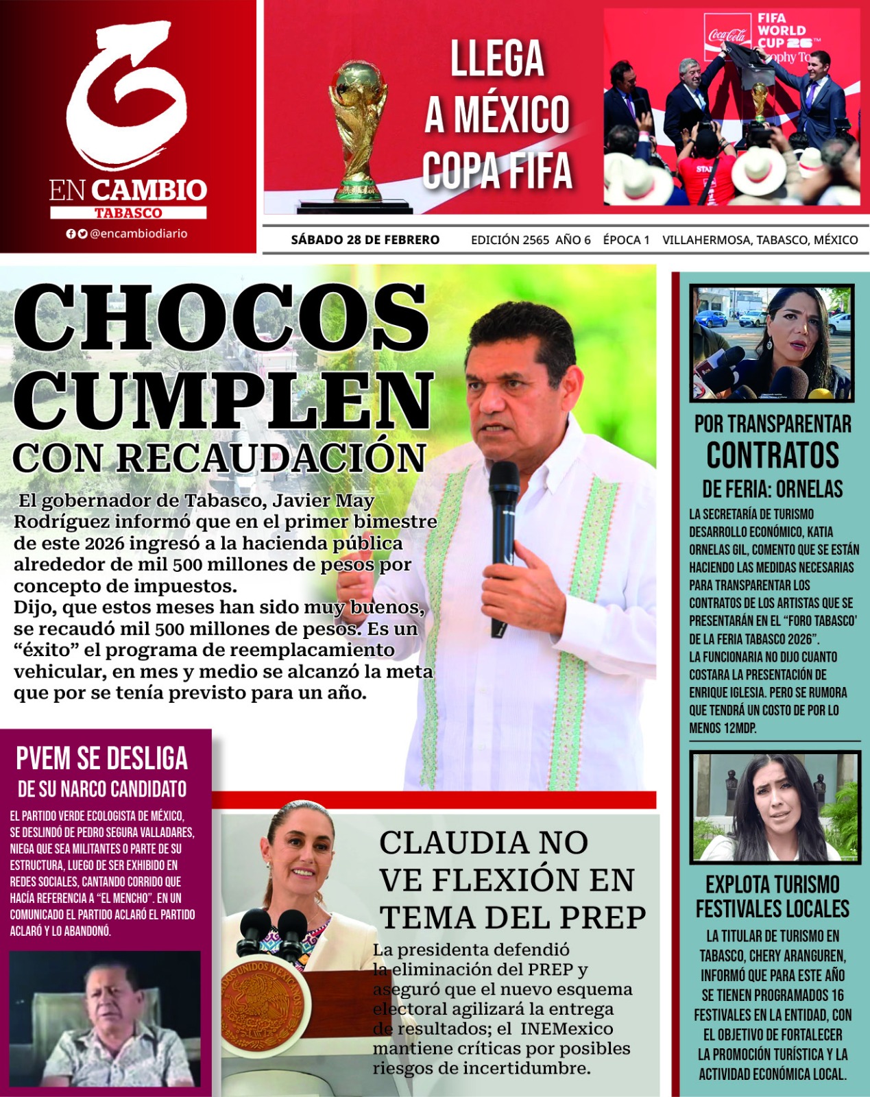 Contra Portada En Cambio de Tabasco 28 de febrero 2026 Contra Portada En Cambio de Tabasco 28 de febrero 2026