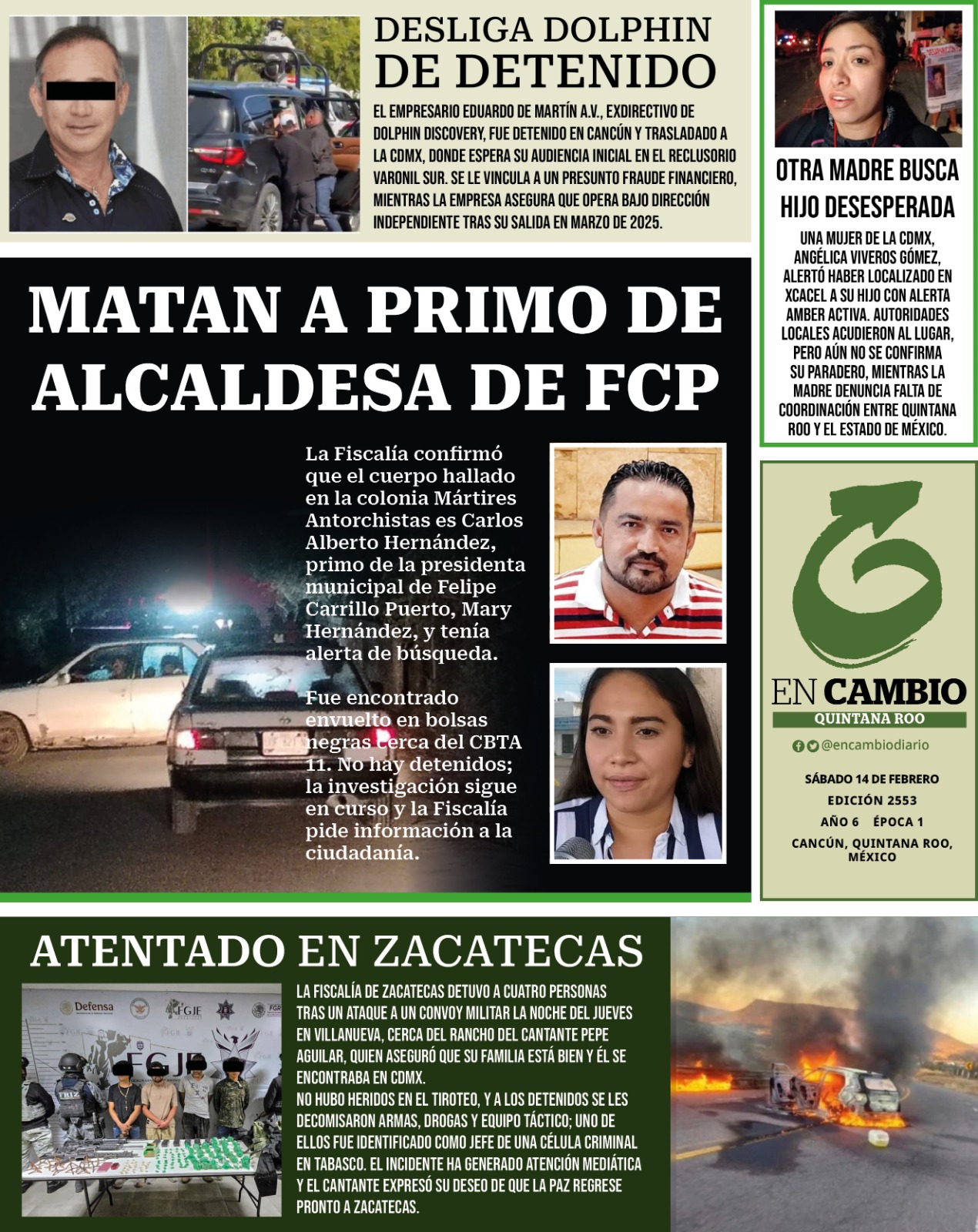 Portada En Cambio Diario Quintana Roo 14 febrero 2026 Portada En Cambio Diario Quintana Roo 14 febrero 2026