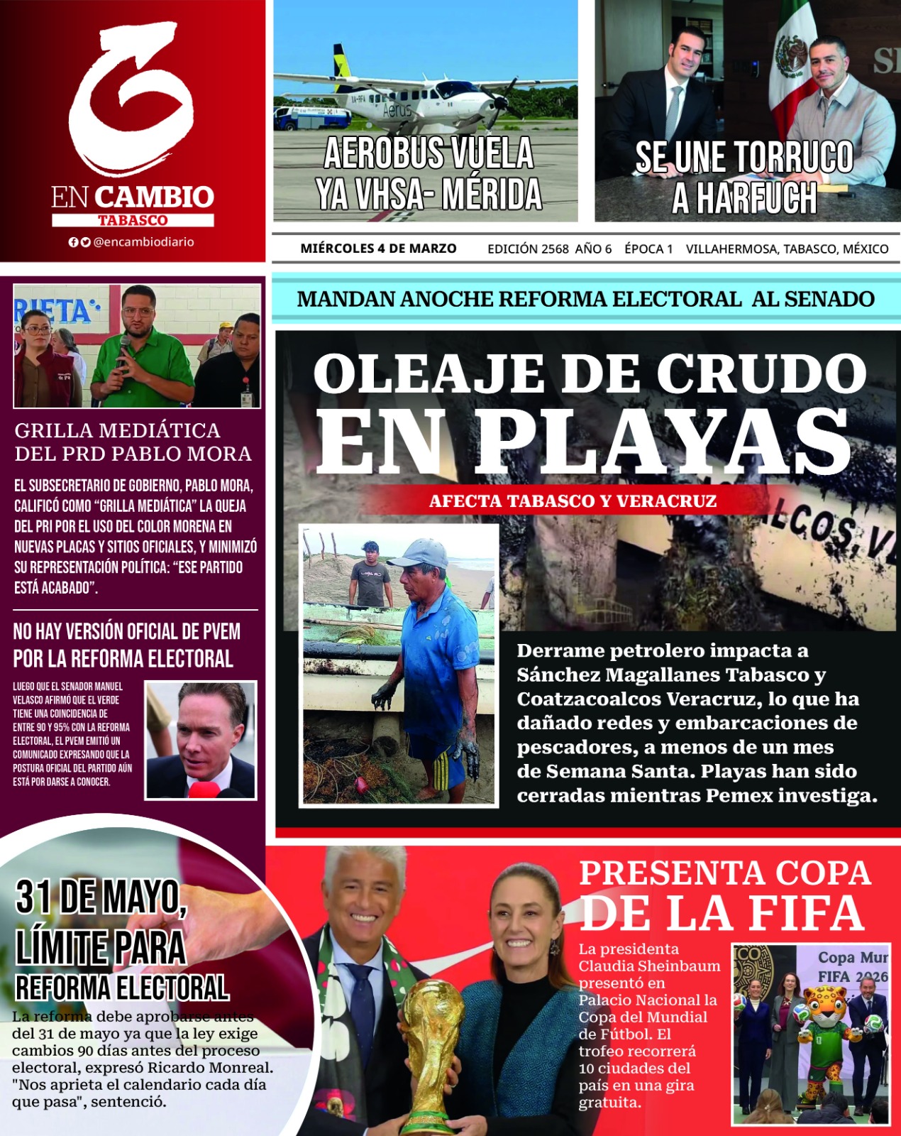 Contra Portada En Cambio de Tabasco 4 marzo 2026 Contra Portada En Cambio de Tabasco 4 marzo 2026