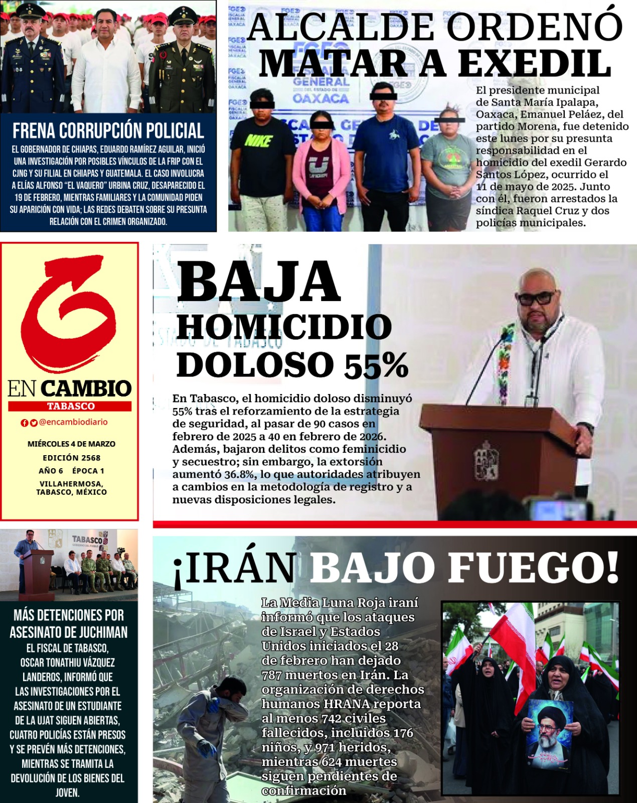 Portada En Cambio de Tabasco 4 marzo 2026 Portada En Cambio de Tabasco 4 marzo 2026