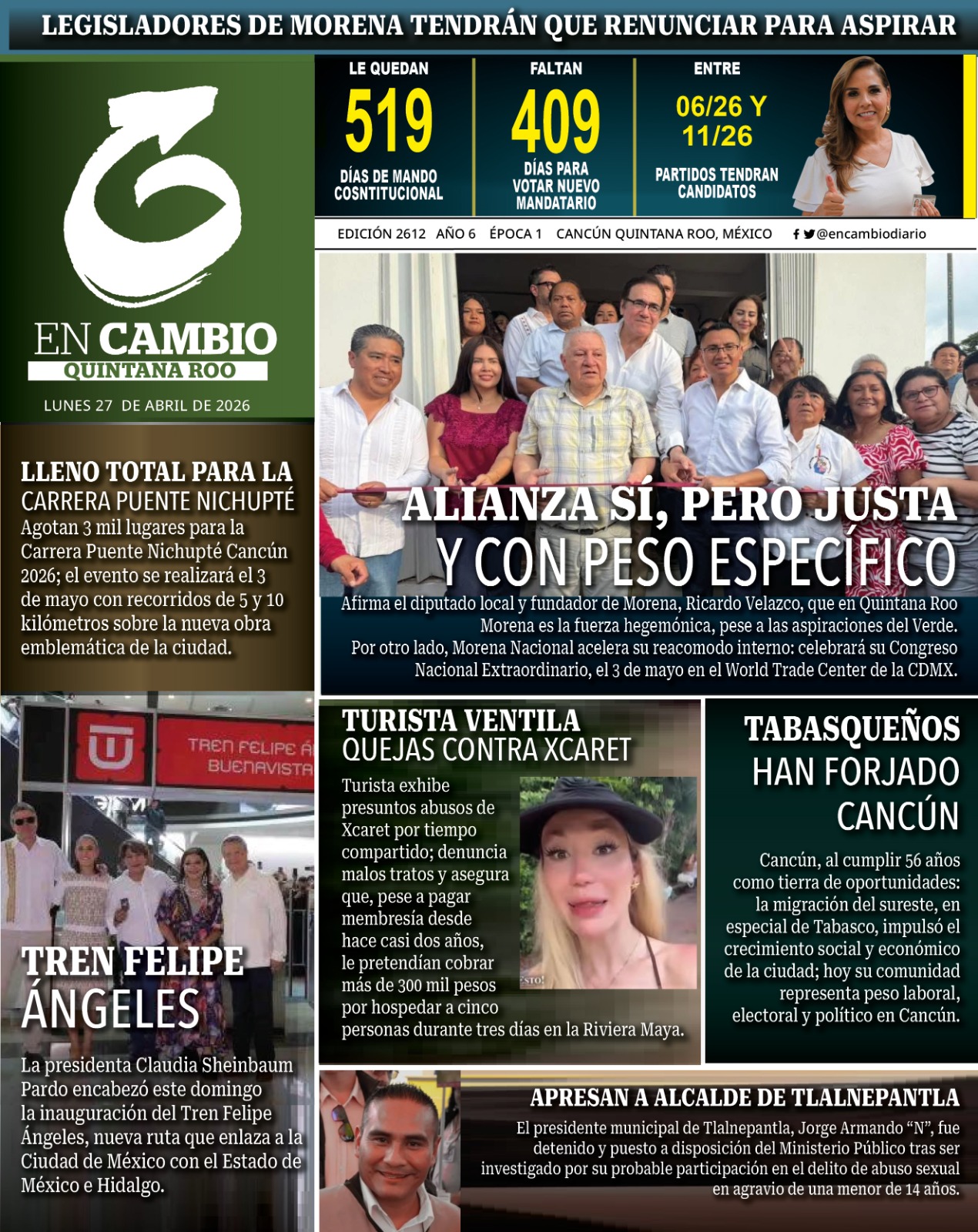 Portada En Cambio Diario Qroo 27 abril 2026 Portada En Cambio Diario Qroo 27 abril 2026