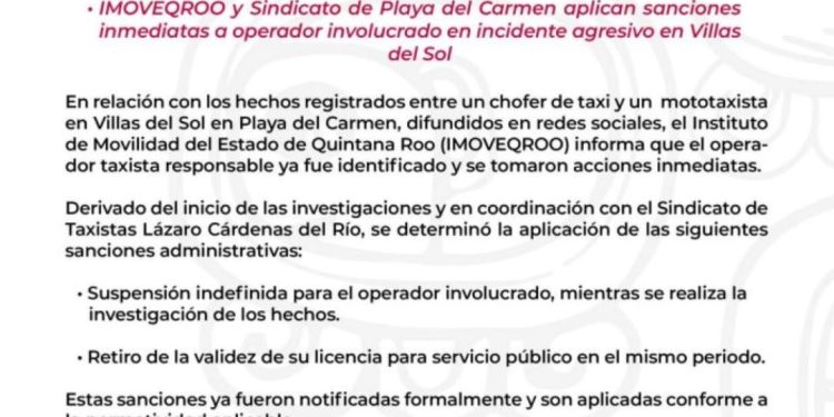 Imoveqroo suspende taxista que agredió mototaxista en Playa del Carmen