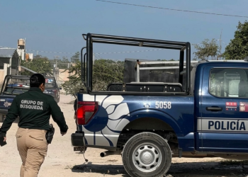 Elementos de seguridad y Fiscalía resguardan la zona donde fueron hallados dos cuerpos encintados en la Región 247 de Cancún.