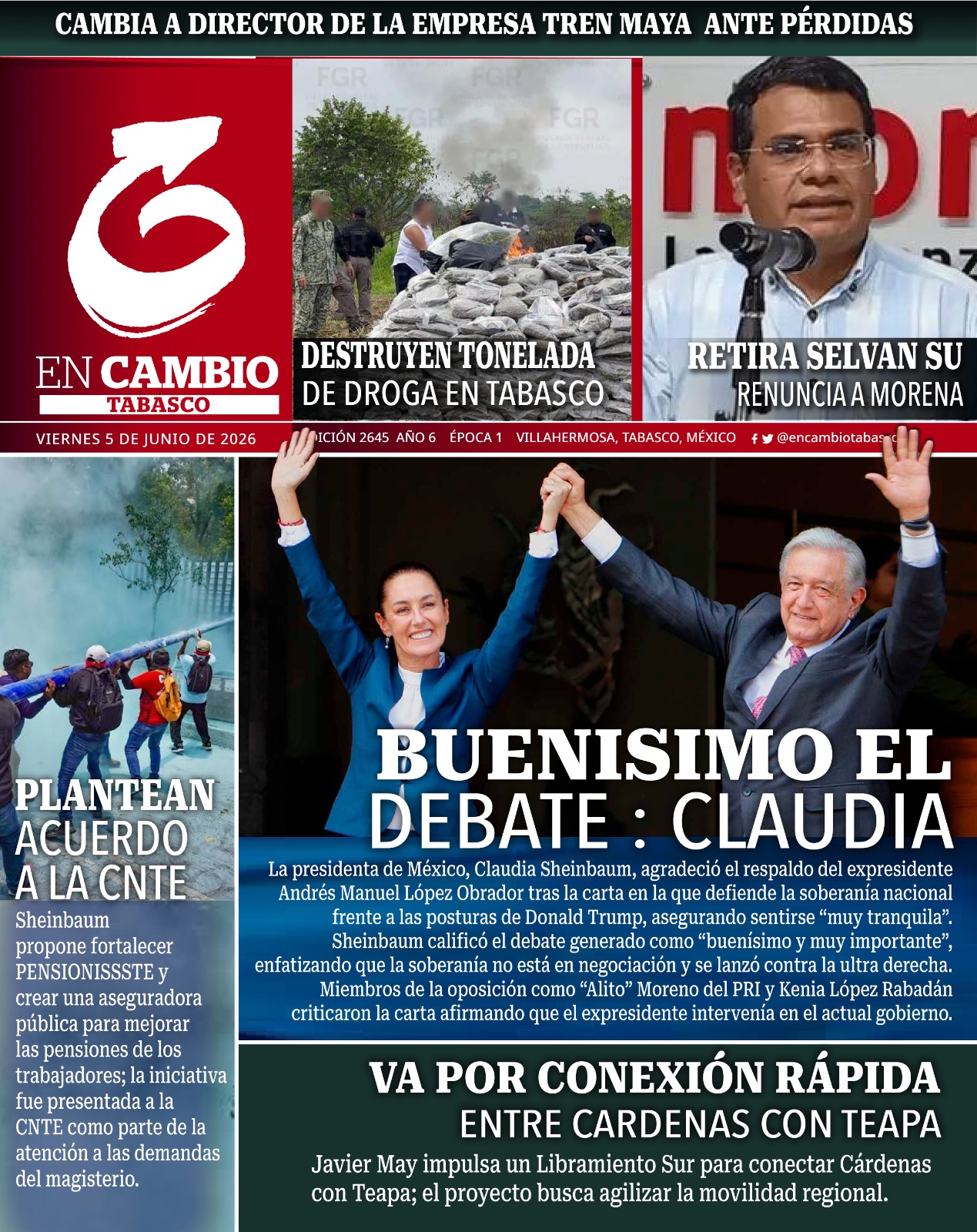 Portada en cambio tabasco 5 junio 2026