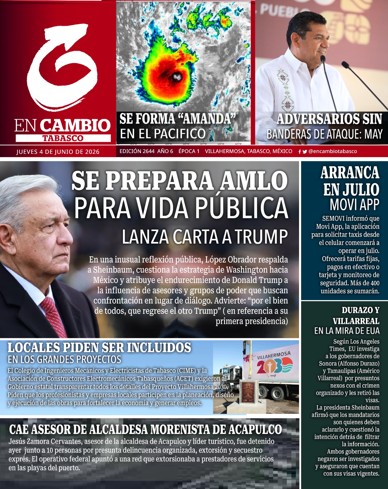 contra portada en cambio diario tabasco 4 junio 2026