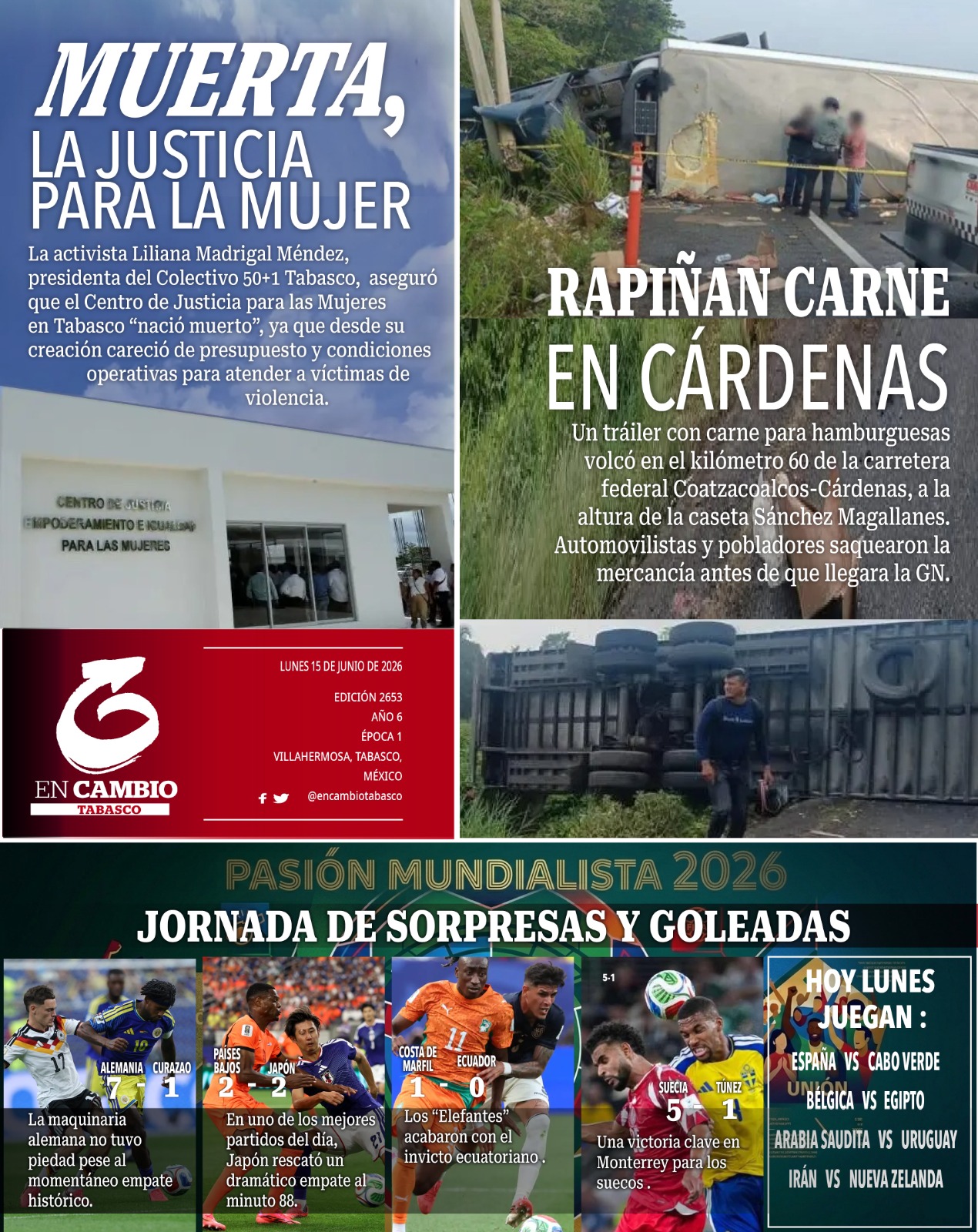 contra portada en cambio diario tabasco 15 junio 2026