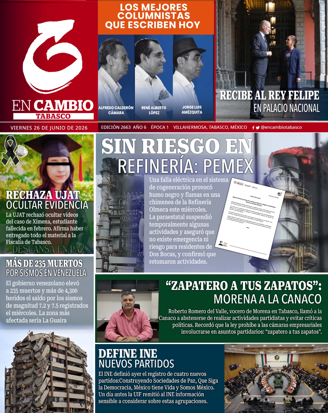 portada en cambio de tabasco 26 jun 2026
