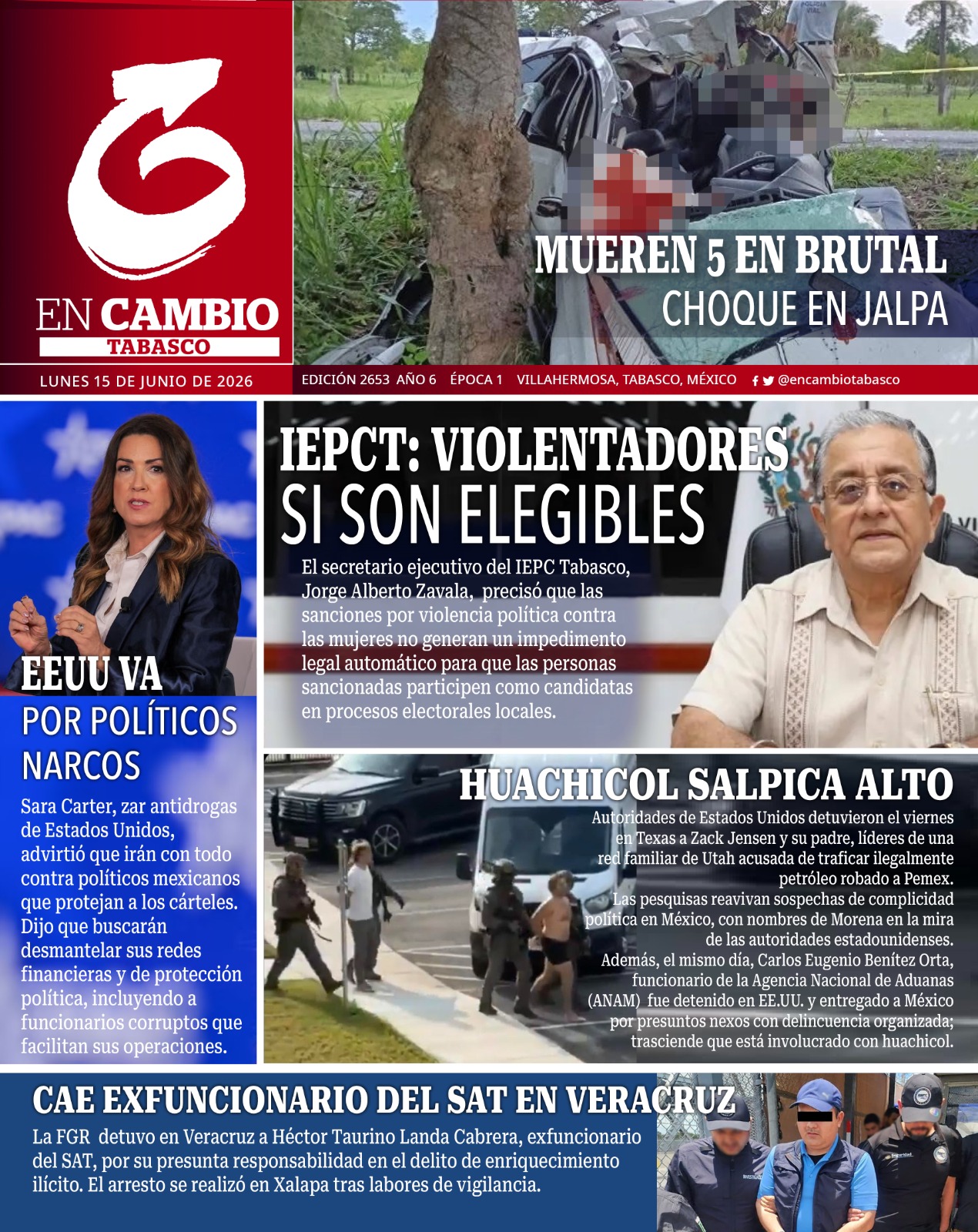 portada en cambio diario tabasco 15 junio 2026