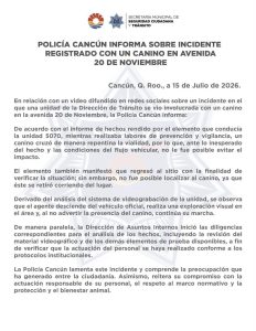 Patrulla de Tránsito involucrada en el atropellamiento de un perro sobre la avenida 20 de Noviembre en Cancún.