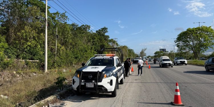 Autoridades resguardan la zona donde encontraron dos cuerpos a un costado de la carretera Puerto Morelos-Cancún.