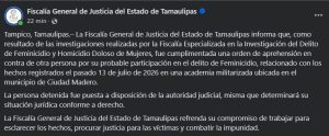 Fiscalía de Tamaulipas confirma una segunda detención relacionada con el feminicidio de Dafne en Ciudad Madero.
