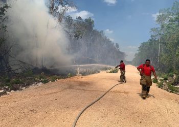 Elementos combaten incendio forestal cerca de las colonias Nuevo Amanecer, La Chiapaneca y El Porvenir de Cancún