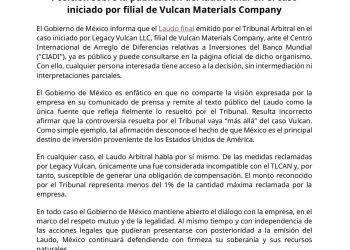 México rechaza versión de Vulcan sobre fallo internacional