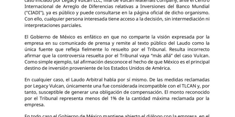 México rechaza versión de Vulcan sobre fallo internacional